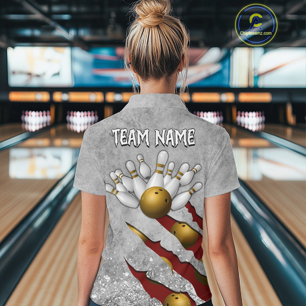 Back view of woman wearing a red grunge scratch bowling polo shirt, custom bowling team jersey design.