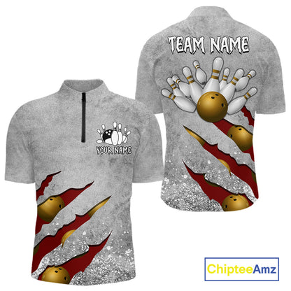 Red grunge scratch quarter zip bowling shirt for men, custom bowling team jersey and tournament apparel.
