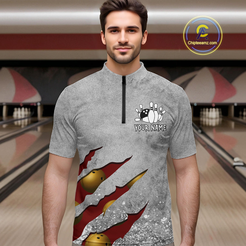Man wearing a red grunge scratch quarter zip bowling shirt front view, personalized bowling team apparel.