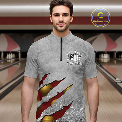 Man wearing a red grunge scratch quarter zip bowling shirt front view, personalized bowling team apparel.