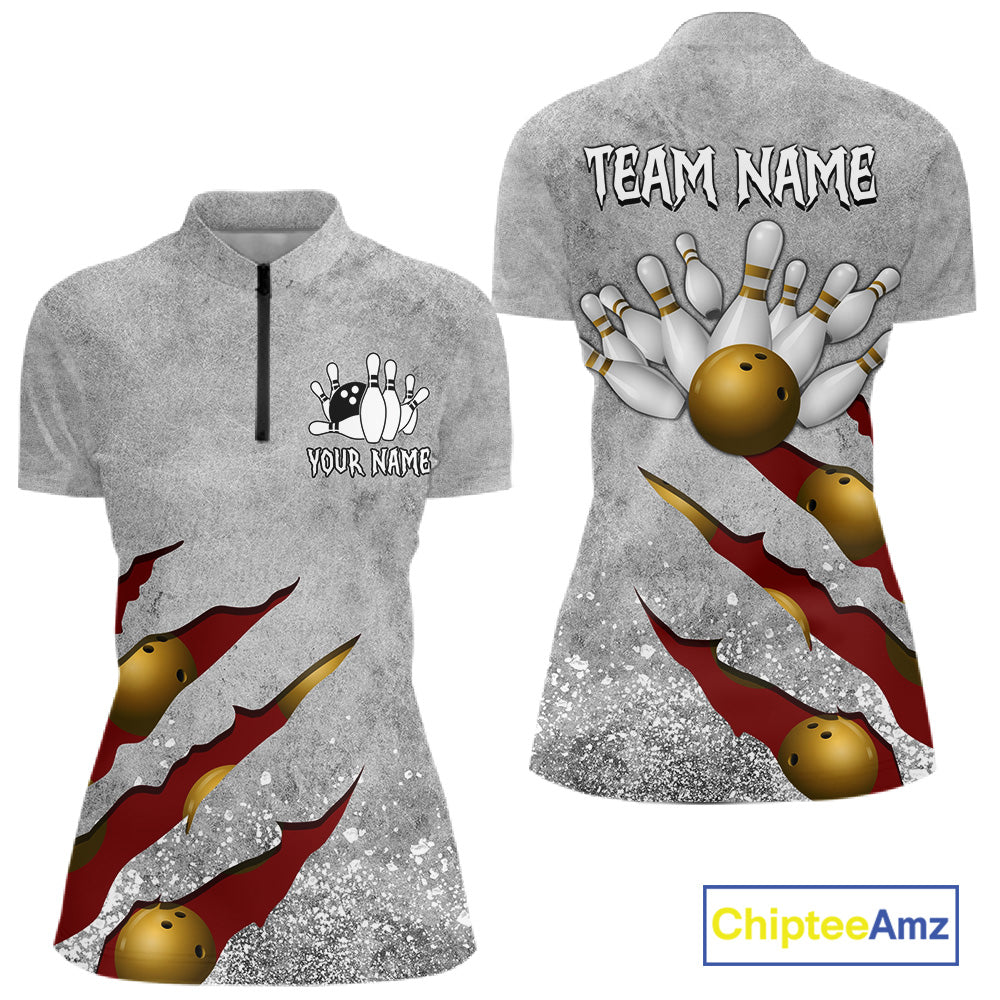 Red grunge scratch quarter zip bowling shirt for women, custom bowling team jersey and tournament apparel.