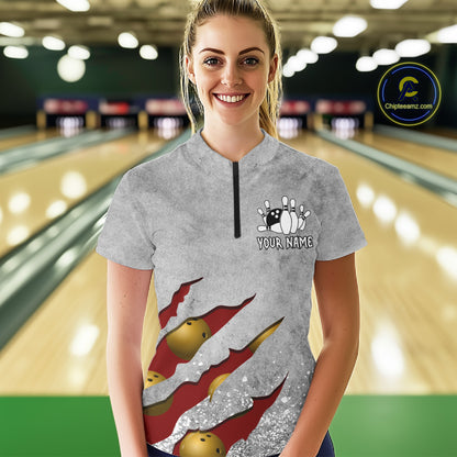 Woman wearing a red grunge scratch quarter zip bowling shirt front view, personalized bowling team apparel.