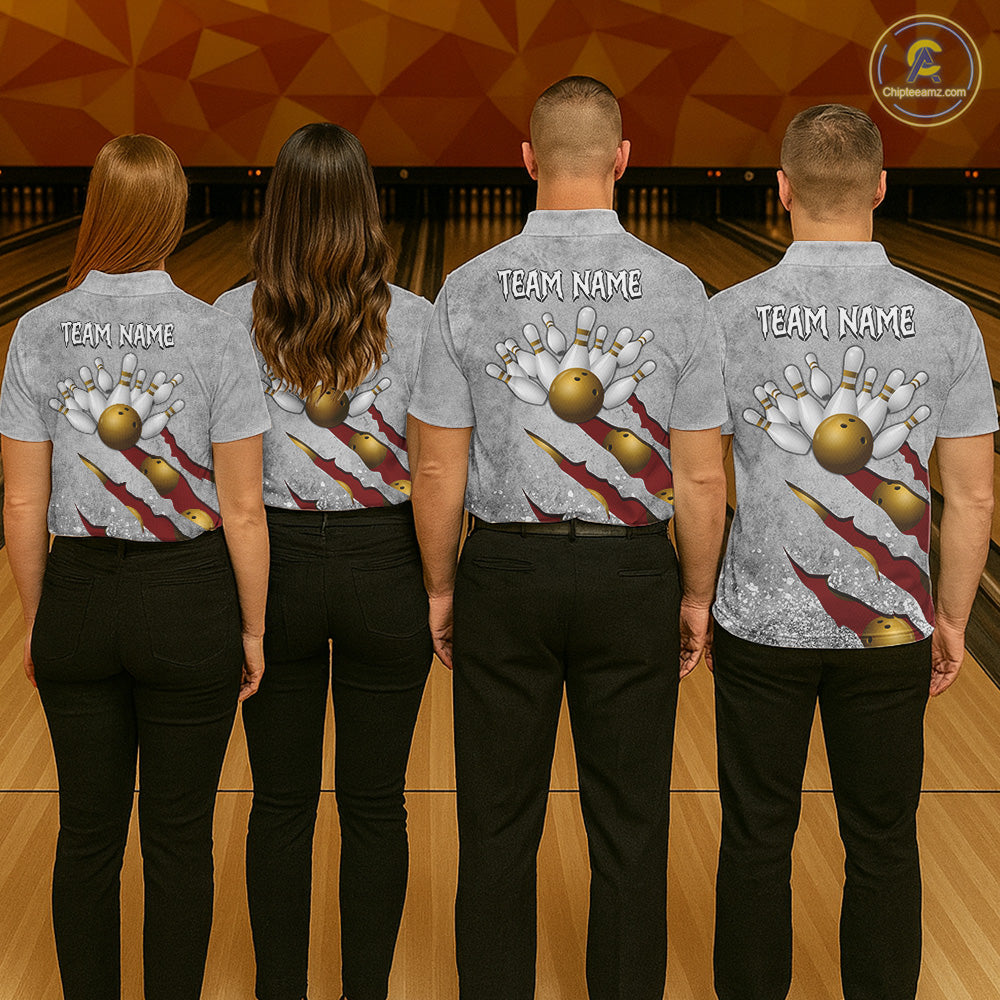 Back view of bowling team wearing matching red bowling league jerseys.