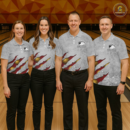 Bowling team wearing matching red grunge scratch custom bowling jerseys front view.
