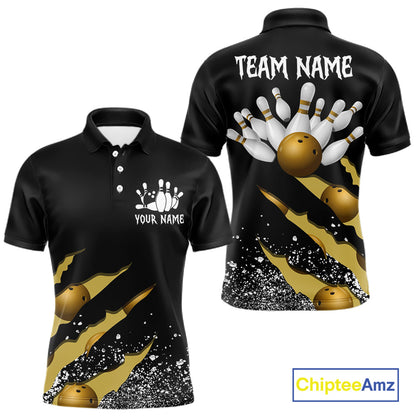 Yellow black grunge scratch custom bowling polo shirt for men, personalized bowling team jersey for league tournaments.