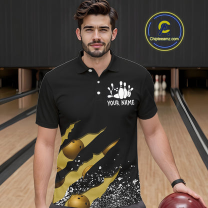 Man wearing a yellow black grunge scratch bowling polo shirt front view, custom bowling league jersey for men.