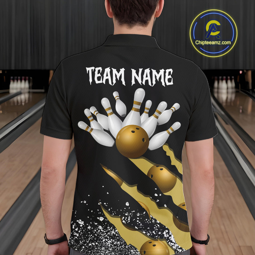 Back view of man wearing a yellow black grunge scratch bowling polo shirt, custom bowling team jersey design.