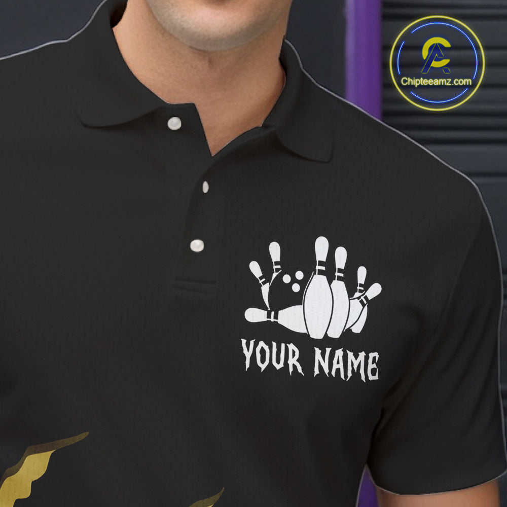 Close up of collar, chest and button details on a yellow black grunge scratch men's bowling polo shirt.