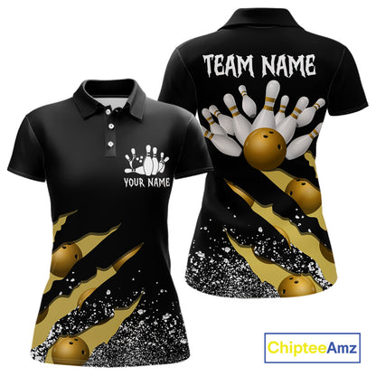 Yellow black grunge scratch custom bowling polo shirt for women, personalized bowling team jersey for league tournaments.