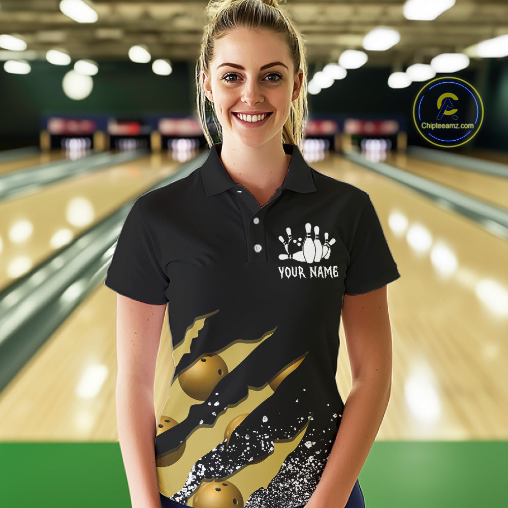 Woman wearing a yellow black grunge scratch bowling polo shirt front view, custom bowling league jersey for women.