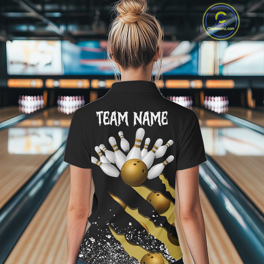 Back view of woman wearing a yellow black grunge scratch bowling polo shirt, custom bowling team jersey design.