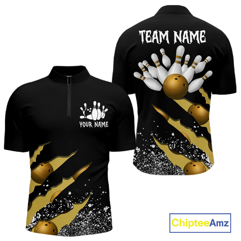 Yellow black grunge scratch quarter zip bowling shirt for men, custom bowling team jersey and tournament apparel.