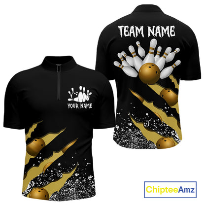 Yellow black grunge scratch quarter zip bowling shirt for men, custom bowling team jersey and tournament apparel.