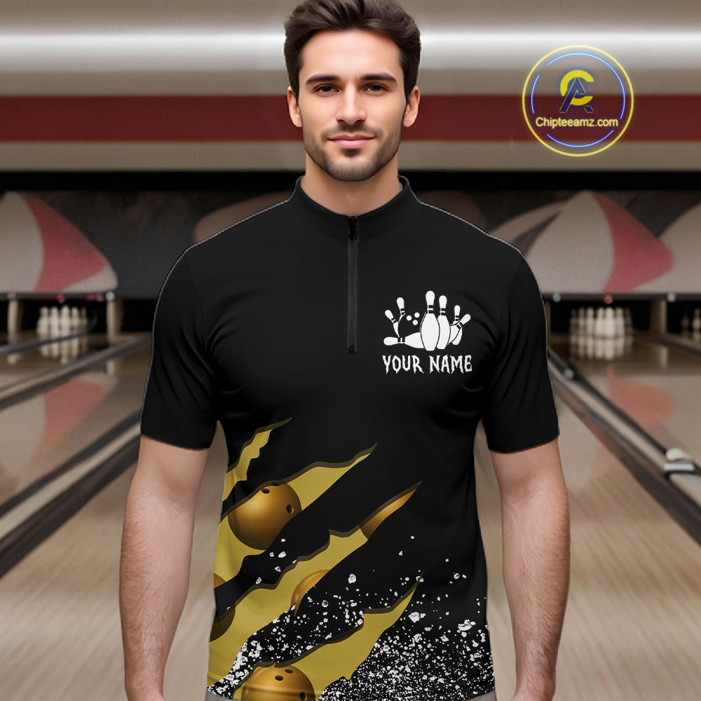 Man wearing a yellow black grunge scratch quarter zip bowling shirt front view, personalized bowling team apparel.