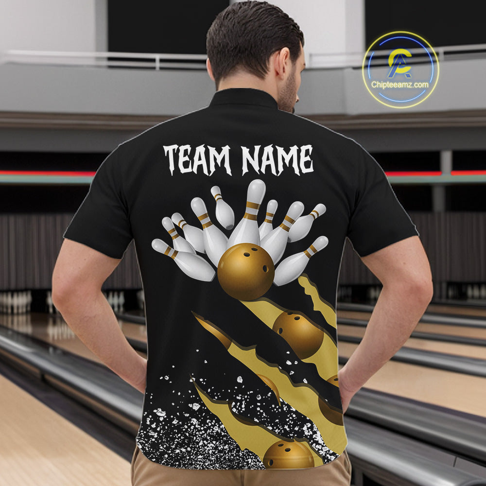 Back view of man wearing a yellow black grunge scratch quarter zip bowling shirt, bowling league team uniform.