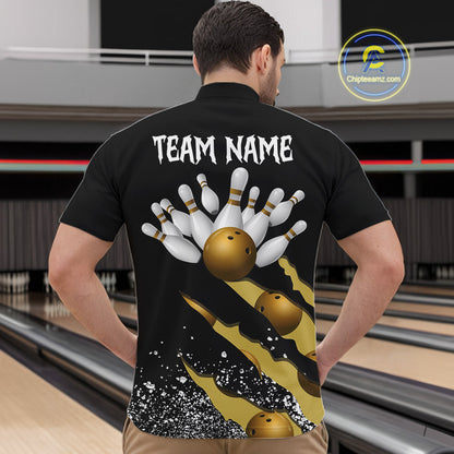 Back view of man wearing a yellow black grunge scratch quarter zip bowling shirt, bowling league team uniform.
