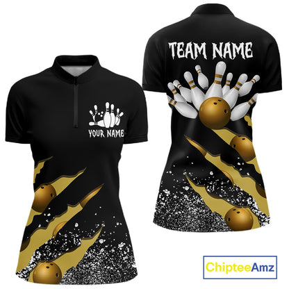 Yellow black grunge scratch quarter zip bowling shirt for women, custom bowling team jersey and tournament apparel.