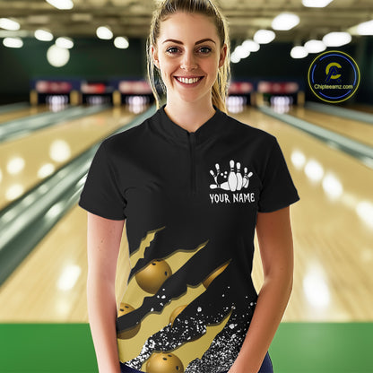 Woman wearing a yellow black grunge scratch quarter zip bowling shirt front view, personalized bowling team apparel.