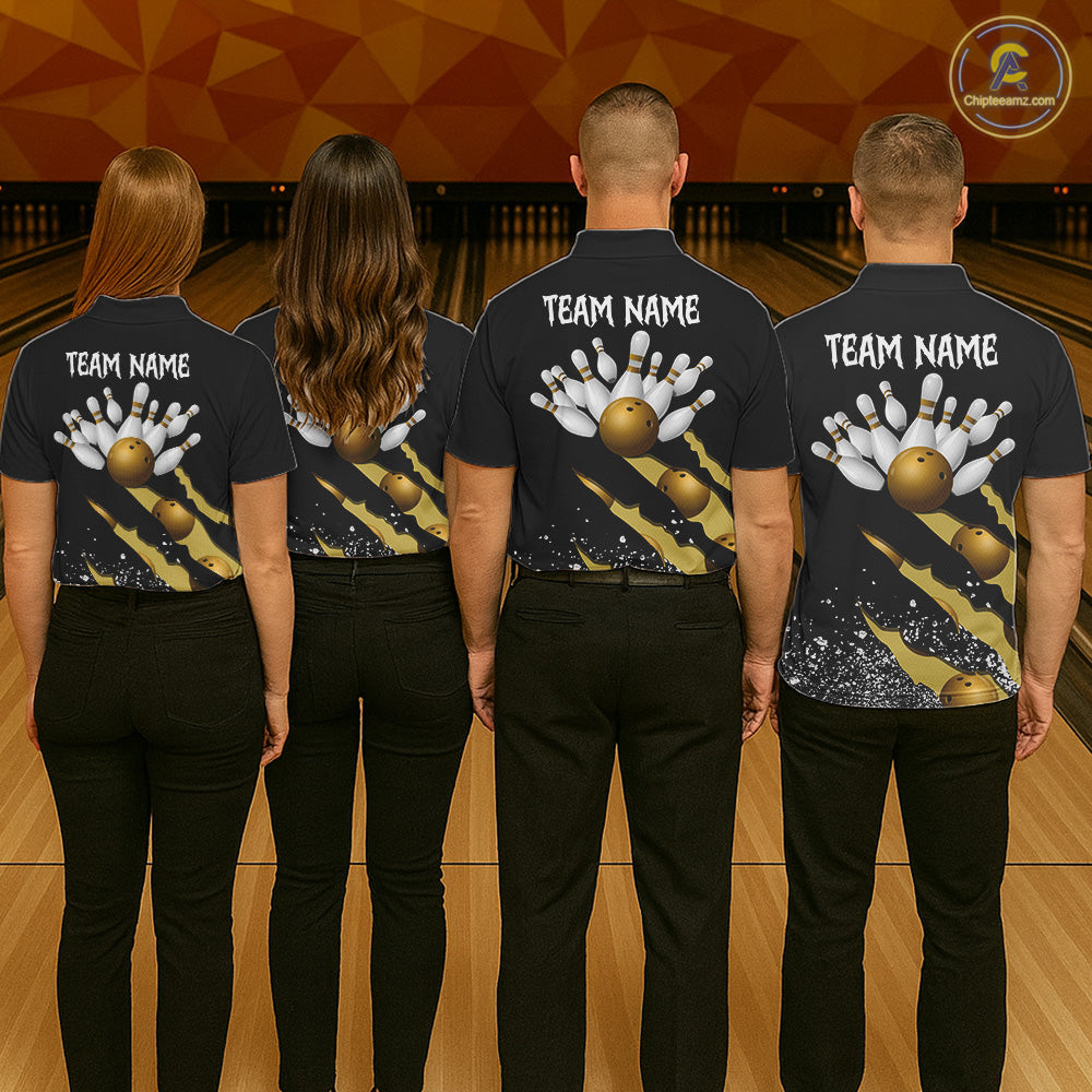 Back view of bowling team wearing matching yellow black bowling league jerseys.