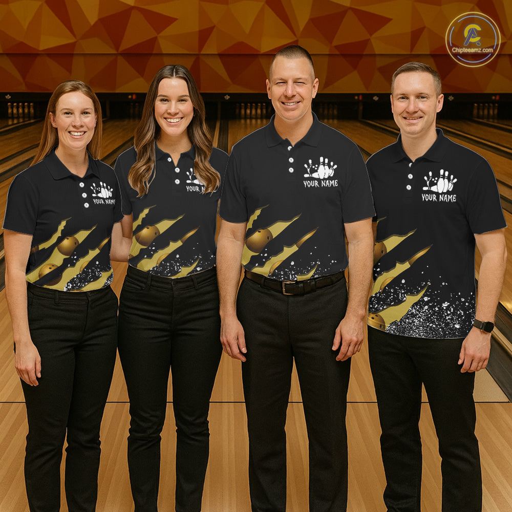 Bowling team wearing matching yellow black grunge scratch custom bowling jerseys front view.
