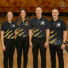 Load image into Gallery viewer, Bowling team wearing matching yellow black grunge scratch custom bowling jerseys front view.