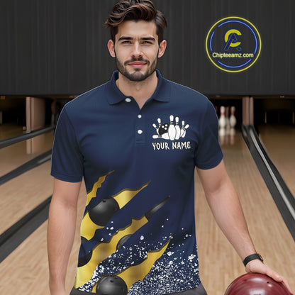 Man wearing a navy blue and gold grunge scratch bowling polo shirt front view, custom bowling league jersey for men.