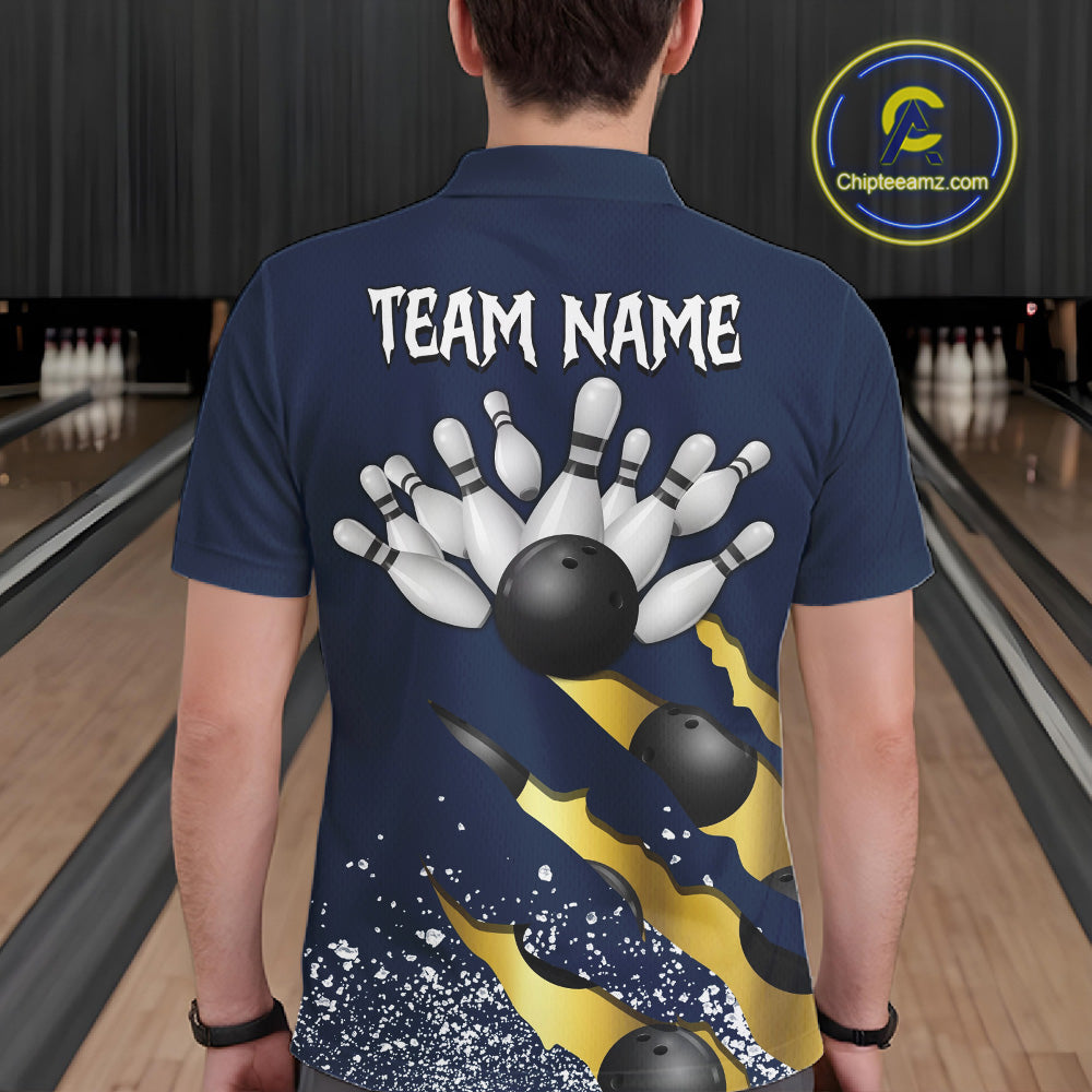 Back view of man wearing a navy blue and gold grunge scratch bowling polo shirt, custom bowling team jersey design.