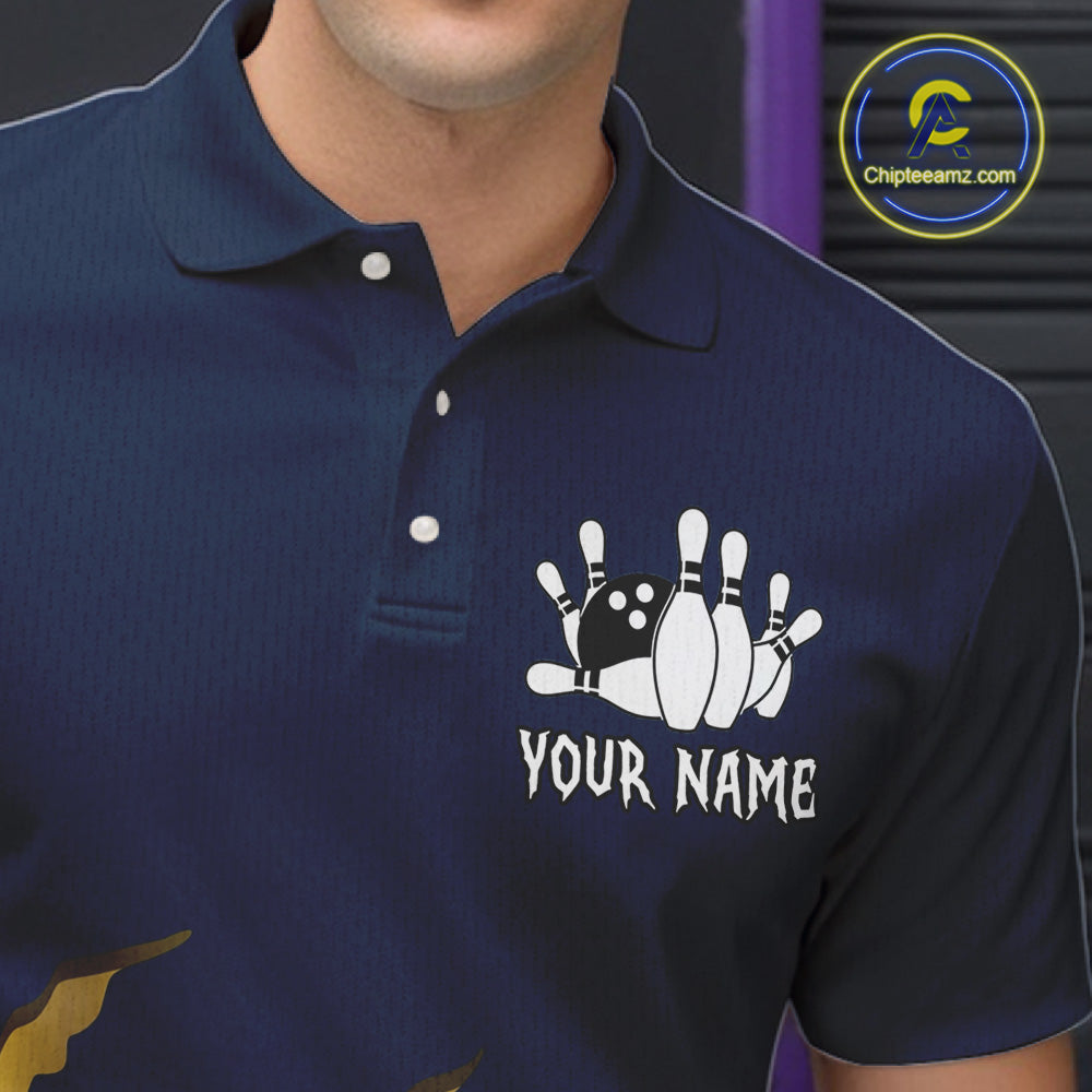 Close up of collar, chest and button details on a navy blue and gold grunge scratch men's bowling polo shirt.