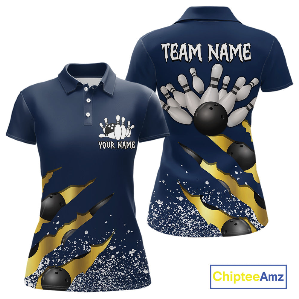 Navy blue and gold grunge scratch custom bowling polo shirt for women, personalized bowling team jersey for league tournaments.
