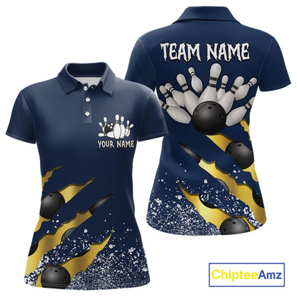 Navy blue and gold grunge scratch custom bowling polo shirt for women, personalized bowling team jersey for league tournaments.