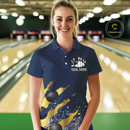 Woman wearing a navy blue and gold grunge scratch bowling polo shirt front view, custom bowling league jersey for women.