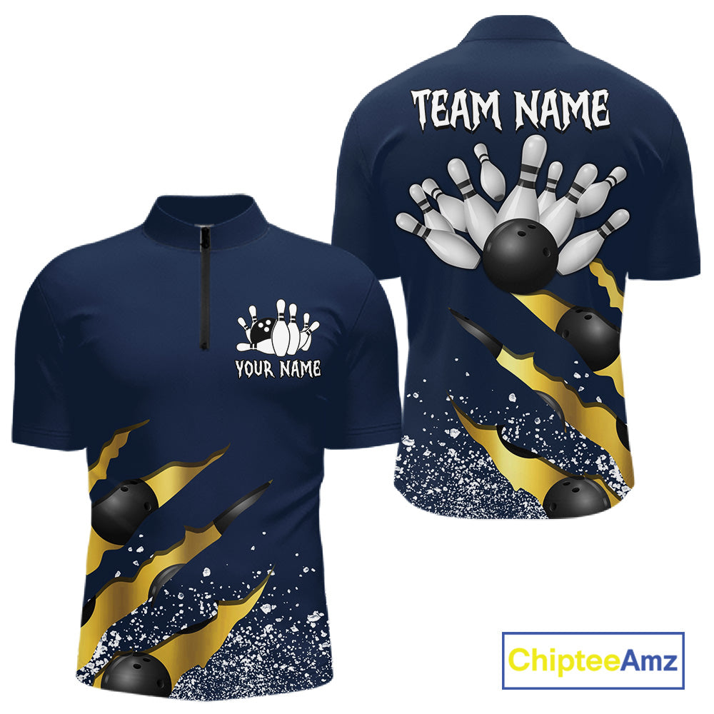 Navy blue and gold grunge scratch quarter zip bowling shirt for men, custom bowling team jersey and tournament apparel.