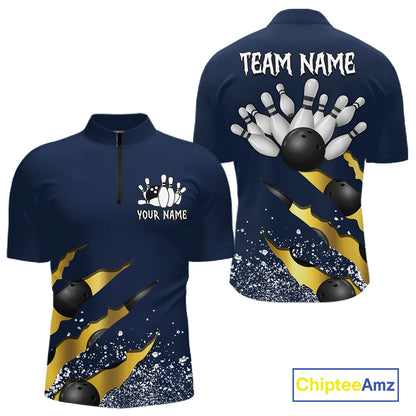 Navy blue and gold grunge scratch quarter zip bowling shirt for men, custom bowling team jersey and tournament apparel.