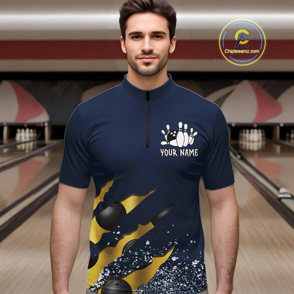 Man wearing a navy blue and gold grunge scratch quarter zip bowling shirt front view, personalized bowling team apparel.
