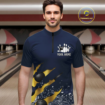 Man wearing a navy blue and gold grunge scratch quarter zip bowling shirt front view, personalized bowling team apparel.