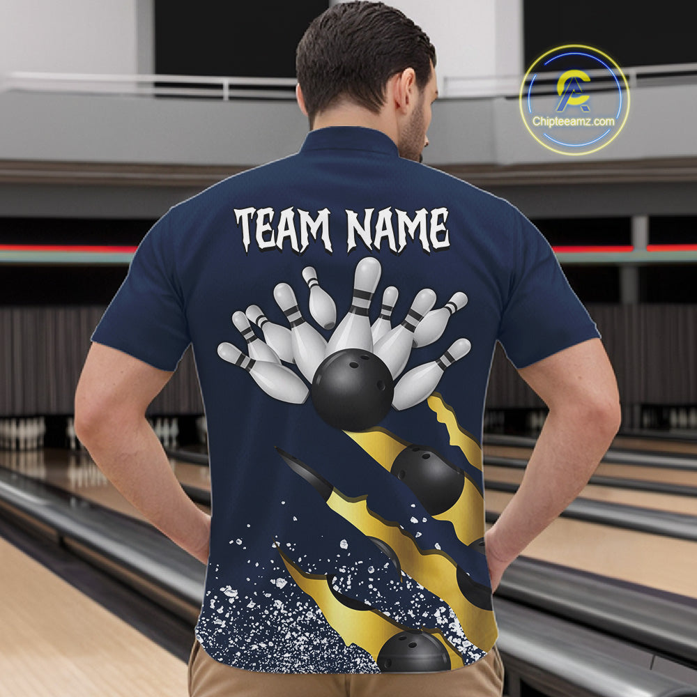 Back view of man wearing a navy blue and gold grunge scratch quarter zip bowling shirt, bowling league team uniform.