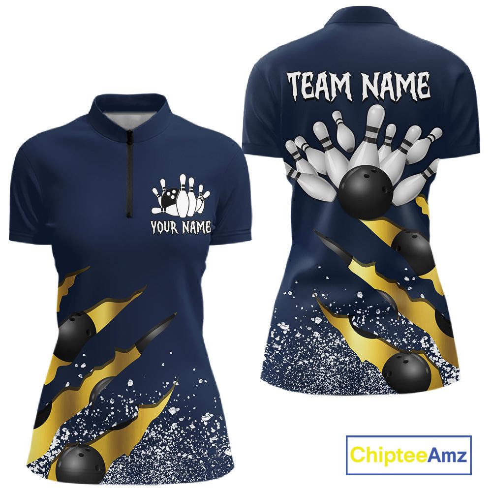 Navy blue and gold grunge scratch quarter zip bowling shirt for women, custom bowling team jersey and tournament apparel.