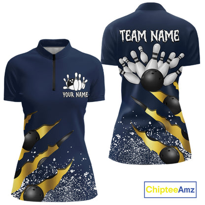Navy blue and gold grunge scratch quarter zip bowling shirt for women, custom bowling team jersey and tournament apparel.
