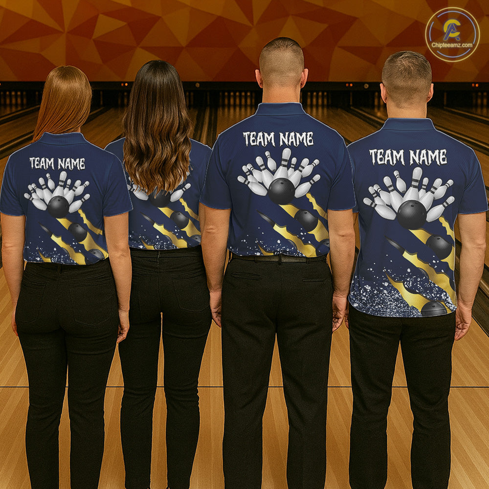 Back view of bowling team wearing matching navy blue and gold bowling league jerseys.