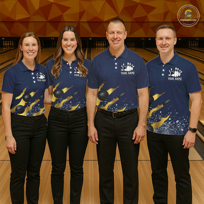Bowling team wearing matching navy blue and gold grunge scratch custom bowling jerseys front view.