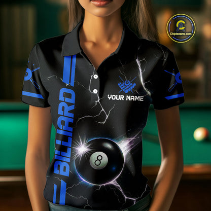 Personalized Blue 8 Ball Thunder Lightning Billiard Shirt For Women Custom Pool Team League Jersey TDM4430