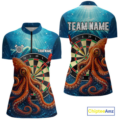 Personalized Blue Funny Ocean Octopus Quarter Zip Darts Shirt Created for Competitive Dart League Teams with Performance Fabric and Tournament Ready Team Design