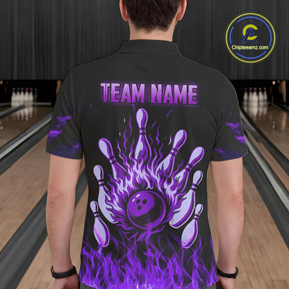 Purple Flaming American Flag Skull Bowling Shirt For Men Custom Fire Bowling Team Jersey TDM4657