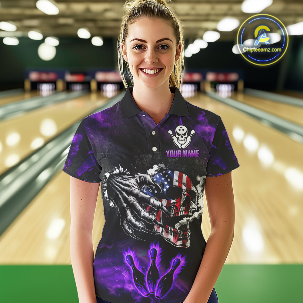 Purple Flaming American Flag Skull Bowling Shirt For Women Custom Fire Bowling Team Jersey TDM4657