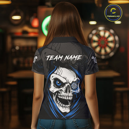 Personalized Funny Skull Darts Shirts For Women Custom Darts Jersey Team Polo & Quarter Zip |Blue TDM5296