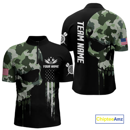 Green Camouflage Skull Darts Shirt For Men Custom Patriotic US Flag Darts Jersey Polo & 1/4 Zip TDM5300