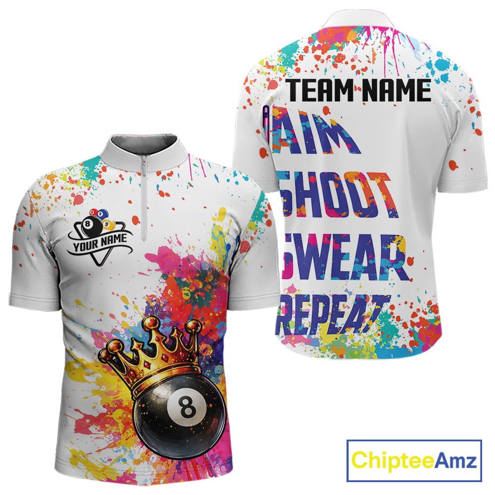 Colorful 8 Ball Crown Aim Shoot Swear Repeat Billiard Shirt For Men Custom Pool Team Jersey|White TDM5795