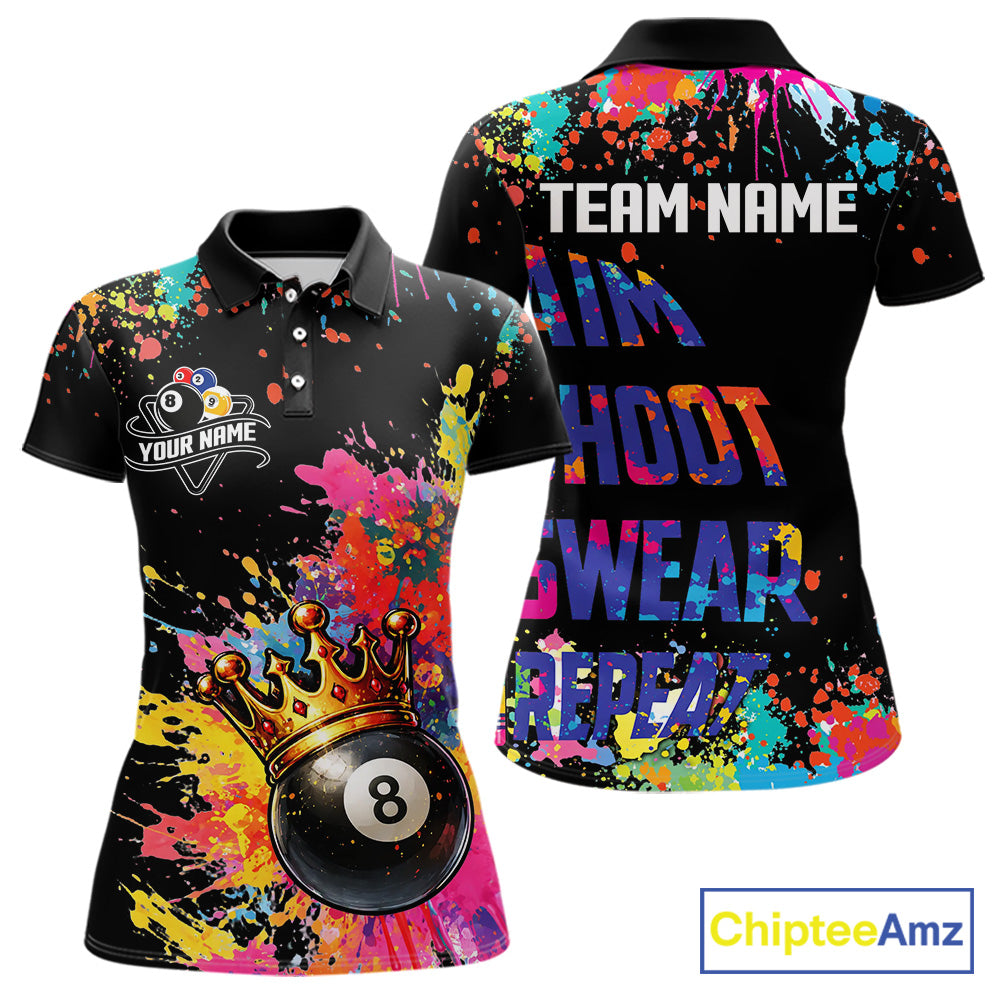 Colorful 8 Ball Crown Aim Shoot Swear Repeat Billiard Shirt For Women Custom Pool Team Jersey|Black TDM5796
