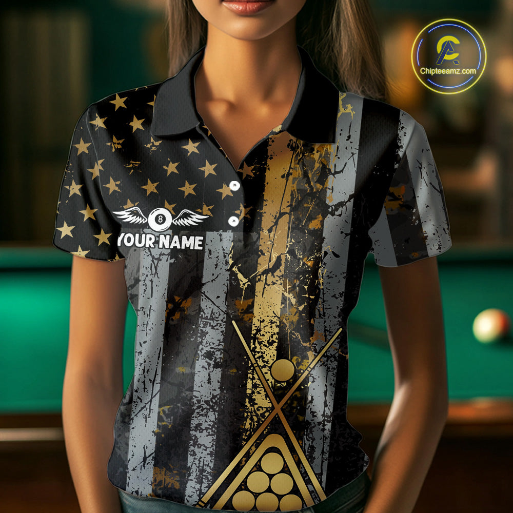 Custom Golden Grunge US Flag Patriotic Women's Billiard Shirt, 8 Ball Pool Jersey Polo & 1/4 Zip TDM6176
