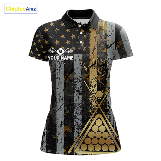 Custom Golden Grunge US Flag Patriotic Women's Billiard Shirt, 8 Ball Pool Jersey Polo & 1/4 Zip TDM6176